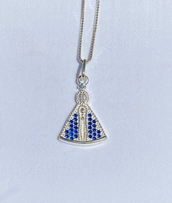 PI097 PINGENTE DE PRATA NOSSA SENHORA DA APARECIDA CRAVEJADO DE MICROZIRCONIA AZUL (Tam. 1,5x2,0)