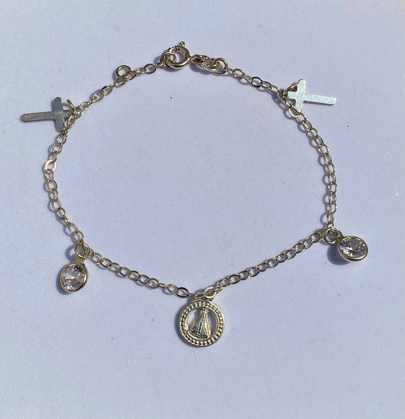 PU011A PULSEIRA DE PRATA RELIGIOSO DE NOSSA SENHORA DA APARECIDA E CRUCIFIXO COM  PEDRA DE ZIRCONIA