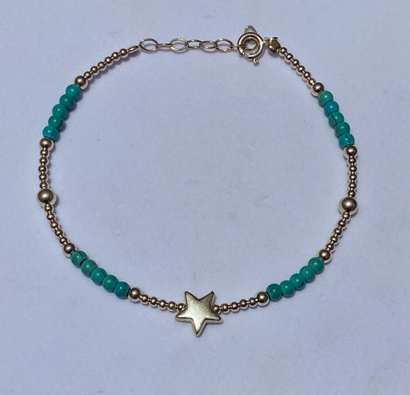 PU018A  PULSEIRA DE PRATA ESTILO BALINES DE ESFERAS AZUIS E ESTRELA LISA