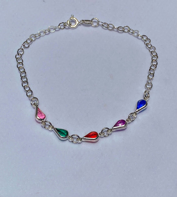 PU046 PULSEIRA DE PRATA FORMATO GOTAS COM PEDRAS DE ZIRCONIA COLORIDO